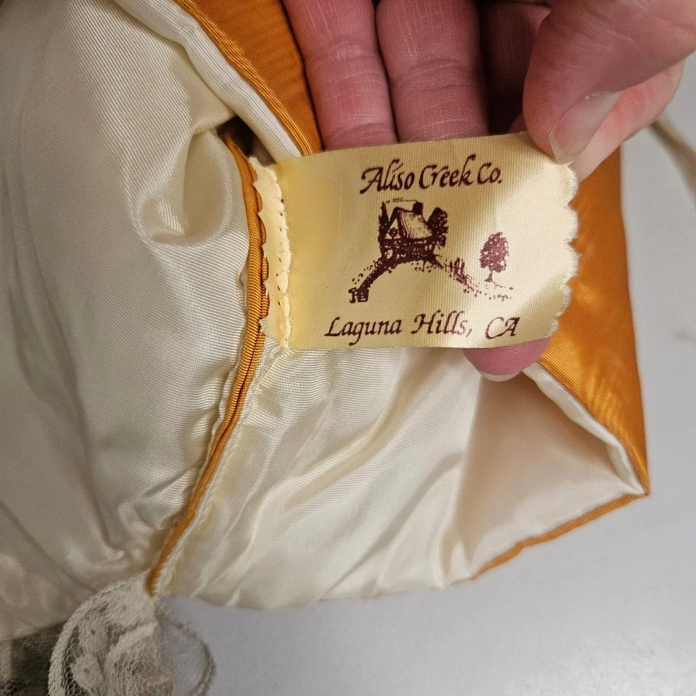 Vintage Aliso Creek Co Yellow Moire Lace Heart Lingerie Bag Travel Pouch Tie